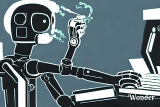 A drawing of a robot smoking while typing on a computer.