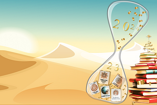 An illustration of my 2023 reading journey — Books on a sand dune, along with an hourglass