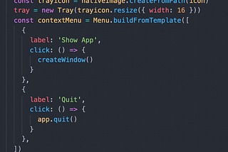Example code to create a tray menu in electron app