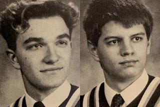 Photos of Scott-Ryan Abt and Ryan Bigge from their high school yearbook. Both photos are black and white.