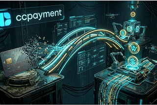 Future of Web3 payments: CCPayment logo above a cyberpunk bridge transforming a dissolving credit card into glowing digital crypto coins.