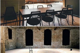 Dual photos of empty office chairs and meeting rooms.