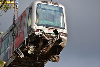 A damaged train after an accident.