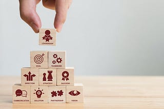 A hand stacks blocks. Each block represents a capability. Capabilities are the building blocks of any organisation. A leadership capability framework consists on several of these blocks.
