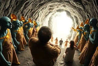 A man in his 50s, wearing a short beard and looking rugged and worse for wear, sits on his heels inside a mountain tunnel. In front of him are a dozen gold-skinned people, including his wife and two teenage sons. They are flanked by much taller, blue-skinned humanoids holding golden trumpets. Everyone is looking at an arch of crystal, glowing with white light, on the tunnel’s wall