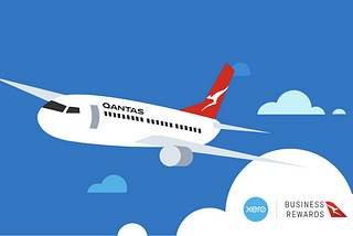 cartoon Qantas plan flying through blue sky with clouds and Xero and Qantas Business Rewards logos