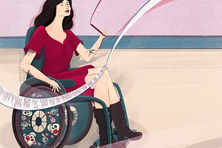 An illustration of Tara Moss. She is wearing a red dress and black boots. She sits in her wheelchair which has skulls and flowers on the wheel plates. She is writing on paper that is swirling around her.