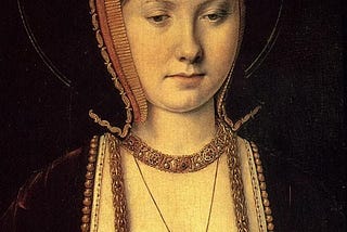 A portrait of a young Catherine of Aragon wearing a dark burgandy dress and hat