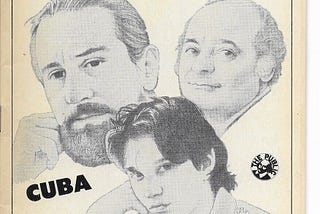 Playbill program cover for Cuba and His Teddy Bear. It features drawings of the three stars in character — Robert De Niro, Burt Young and Ralph Macchio.