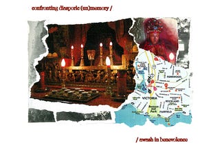A collage made up of several photos, varying in size, with torn edges. On the left two-thirds of the collage, small black-and-white strips of a house and a mountain border a large film still from Benevolence, depicting Tam Kung’s shrine in saturated dark red and gold. In the upper right corner is a photo of Tam Kung in paler red tones. Beneath is a torn map of downtown Victoria with a handwritten “X” marking where the Tam Kung Temple is located.
