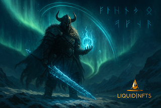 A Viking warrior stands on a snowy ridge beneath the aurora borealis, wearing ancient Norse armor and a horned helmet. He holds a glowing blue vault-core in one hand and a frost-covered greatsword in the other. The Bifrost arcs behind him across the night sky, and faintly glowing Norse runes float around him. The Liquid NFTs logo is placed in the bottom right corner.