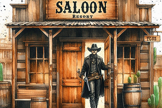 A man wearing black western wear holding a gun leaving a Saloon resort.