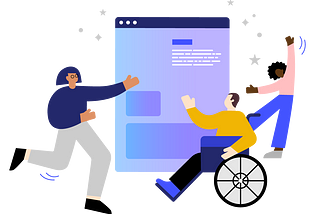 (From left to right) A person with a blue shirt, a person with a yellow shirt in a wheelchair, and a person wearing a pink shirt all gesturing to an abstract webpage window.