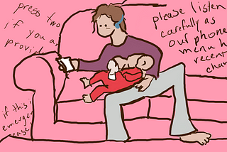 A cartoon of an exhausted mother on the phone on a couch breastfeeding and pumping, with the text of phone menus in the background