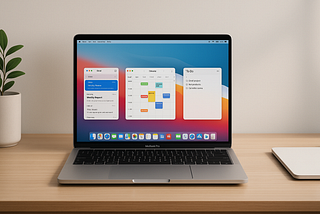 MacBook workspace setup with macOS apps displayed on screen, showing a clean productivity-focused desktop environment