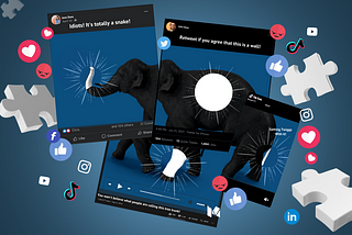 Four screenshots of social media posts, each depicting a piece of an elephant, respectively proclaim that the piece of the elephant pictured is either a snake, a twig, a tree trunk, or a wall. Puzzle pieces, “like” buttons, and social media logos swirl around the posts.