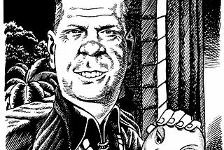 Uma Caricatura do escritor Oswald de Andrade, na qual ele segura nas mãos uma máscara e diz o trocadilho “Tupi ou not Tupi?”