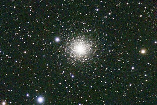 Globular cluster M15, a dense cluster of stars at the center the star field shining brightly. There are a number of bright objects surrounding it.
