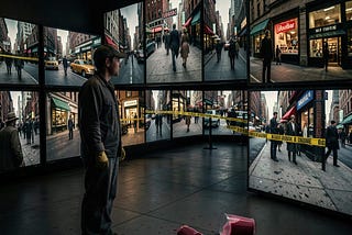 A young man, working as a janitor in a museum with wall-to-wall TV screens, stands there, looking at the same scene from different angles, viewpoints and sources, showing a crowded city street at a storefront. Part of the sidewalk is sectioned off with police tape, and inside that space is a raspberry milkshake,