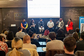 Image of panel discussion at the AIGA Chicago Design Ethics Roundtable event, hosted at Basecamp.