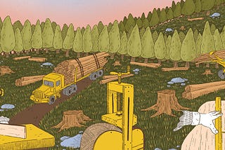 A field of grass filled with tree stumps and logs of their trunks beside them. A truck carrying logs is driving through the path that has been cleared in the middle of the field. There is a cluster of trees in the background, behind which is another field cleared of trees, behind which is another cluster of tree.