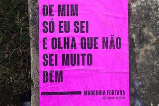 Lambe rosa colado numa parede gasta, com os versos “de mim só eu sei e olha que não sei muito bem”, de Marcinha Fontana.