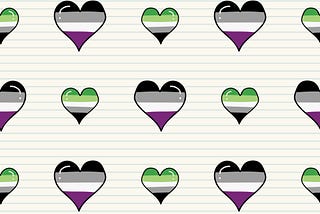 Vector illustration of lined notebook paper with hearts alternating the asexual and aromantic flag colors