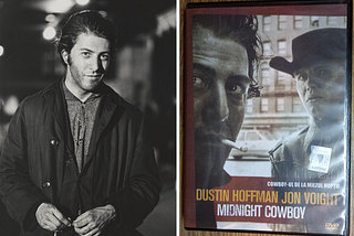 Photo of Dustin Hoffman on the set of Midnight Cowboy in 1968 and a photo of my DVD with the film and producer Jerome Hellman’s 2004 commentary