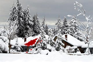 A rambling, snow-covered house is seen across a snow-covered expanse, surrounded by snow-covered trees under gray skies. The snow on part of the roof and nearby bushes is smeared with red.