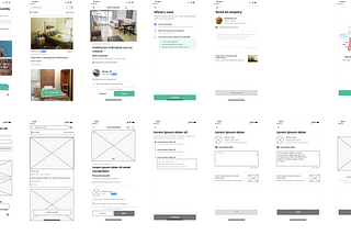 The image shows the seven simplified wireframe pages worked out in order of interaction for the process of contacting a lessor. All this compared with the current app.