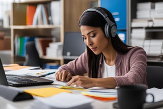 A Woman using a focus aid, such as noise-cancelling headphones, while sitting at a tidy desk with organized folders and color-coded notes.