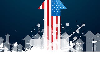 This image shows an upward-pointing arrow designed with the American flag pattern (red and white stripes with white stars on a blue background). The arrow rises prominently above numerous smaller gray arrows in the background, against a dark blue backdrop. The composition suggests growth, advancement, or American economic/market leadership. There are splatter-like white elements around the base of the main arrow, possibly representing momentum or breaking through barriers.