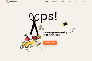 A web design screen 404 error page for a tailor, showing scissors, thread and needle illustrations.