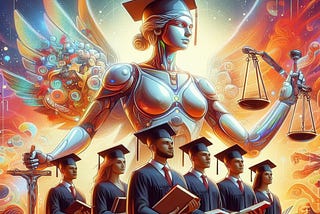 Students in graduation regalia overwatched by a robot lady justice holding up weight scales in one hand and a sword in the other hand.