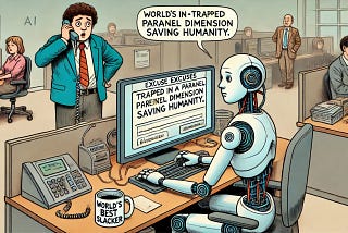 Bohiney News — A satirical cartoon of a futuristic HR meeting where an AI robot presents on a screen titled ‘Top Excuses for Missing Work.’ In th — Satire and Alan Nafzger.