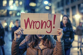 Woman holding up a cardboard sign saying “wrong!” in red letters