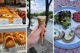 Three vertically-cropped photos of food in France: a counter full of pastries, a vanilla ice cream cone held up against a river, and a plate of cheese toasts, salad and charcuterie.