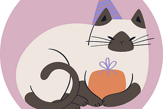 Illustrated cat sitting with its eyes closed and hugging a gift box, wearing a triangular party hat.