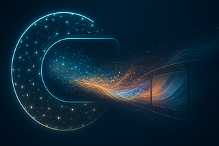 Abstract digital art: AI neural network forming a camera lens, revealing data transforming into a cinematic scene, symbolizing AI in filmmaking and business strategy.
