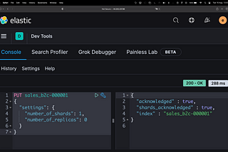 Kibana console interface illustrating the creation of sales_b2c-000001 index