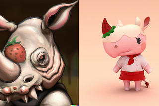 Two images of the ACNH character, “Merengue the Rhino”. One is scary version generated by an AI, the other is a cute picture of the character from in game.