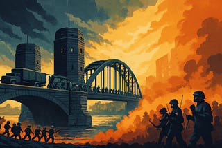 An AI generated illustration: the main image is American troops crossing the bridge at Remagen in 1943, in the bottom right corner men in riot gear walk through smoke and fire.