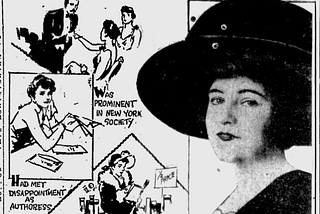 A newspaper clipping with a photo of Dorothy Arnold and a description that she was prominent in New York society, met disappointment as an authoress, and was last seen shopping on fifth avenue.