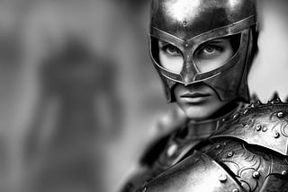 A young woman is covered in silver body armor