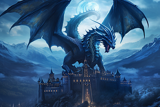 Blue dragon perched atop a castle at night