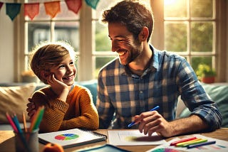 Parent sitting with ADHD Child on a coach with charts and markers designing a routine.