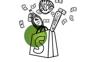 Illustration of the Shopify logo with maple syrup, money, and baseball items coming out of it.