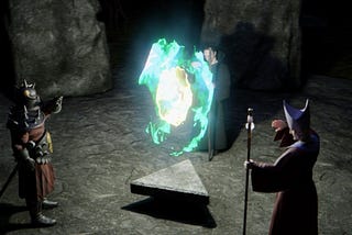 Three ornately-dressed men stand around a triangle-shaped platform outside, above which swirls an ornate magical portal. One of many great moments from Hexen’s intro cutscene.