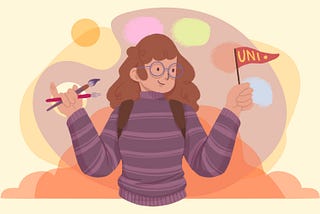 A girl with glasses carrying a brush, a pen, and a Uni flag, with a paint palette as a background