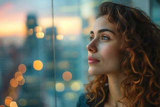 A young woman with curly hair stands by the window, lost in thought.